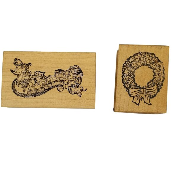 Vintage Christmas Holiday Rubber Stamps Nature Impressions Wreath 1st Class Toys - Picture 1 of 11